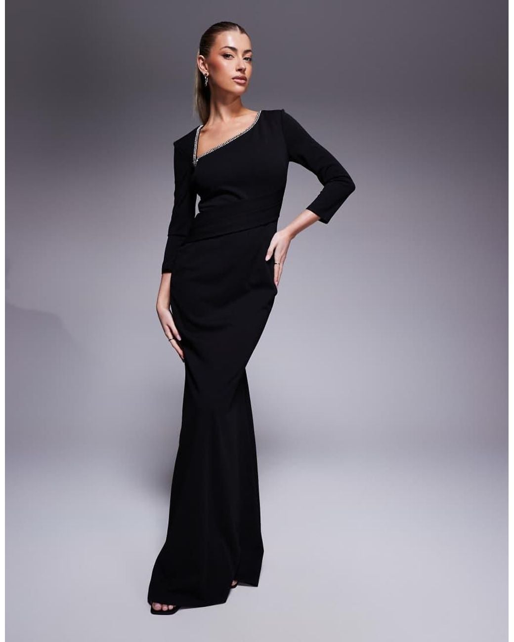Goddiva Blue Asymmetric Neck Diamante Embellished Maxi Dress