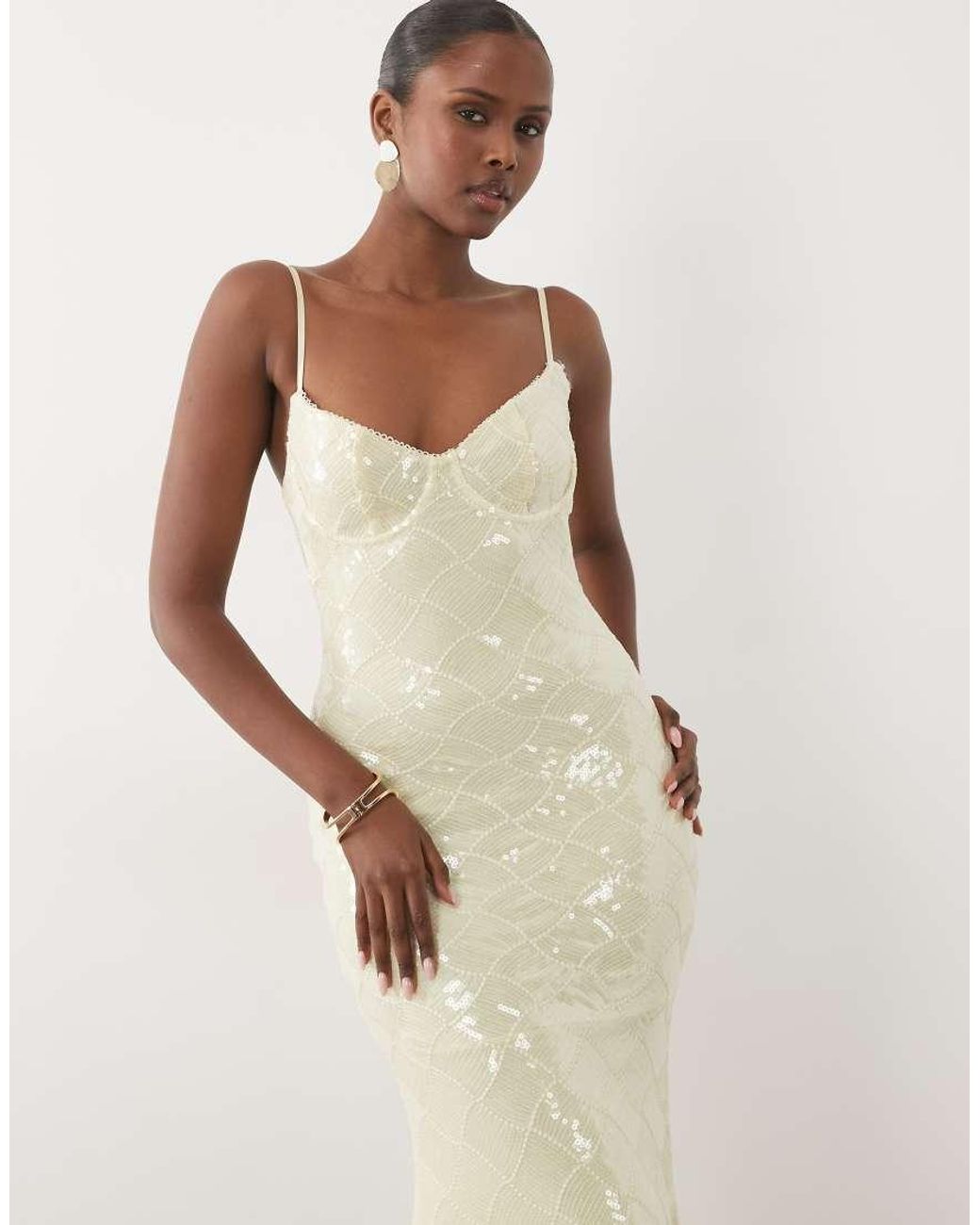 Wanderdoll White Rhea Cami Cup Detail Sequin Maxi Dress