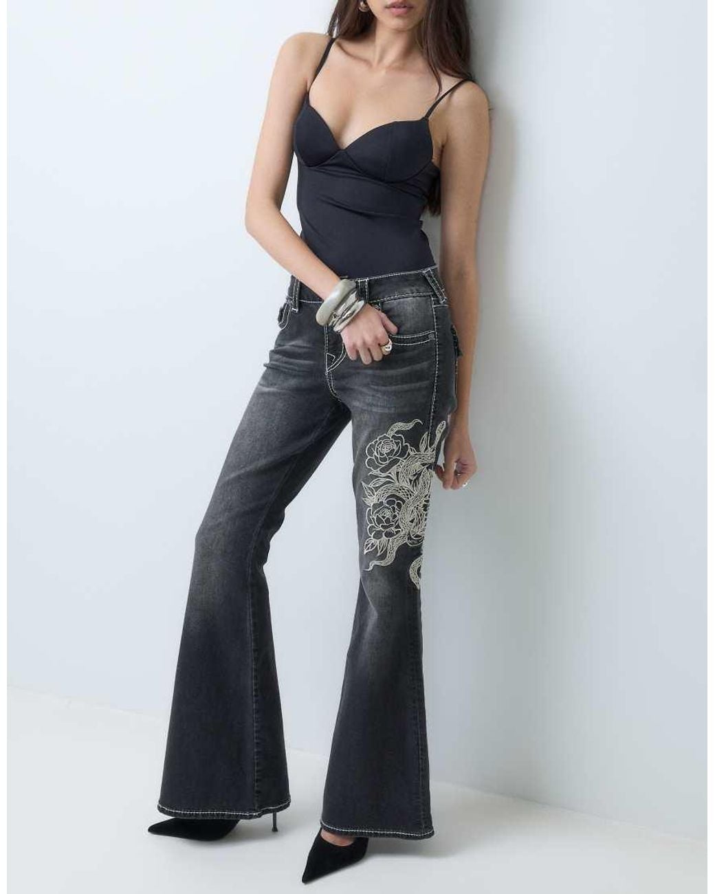 True Religion Blue Snake Embriodered Charlie Mid Rise Flare
