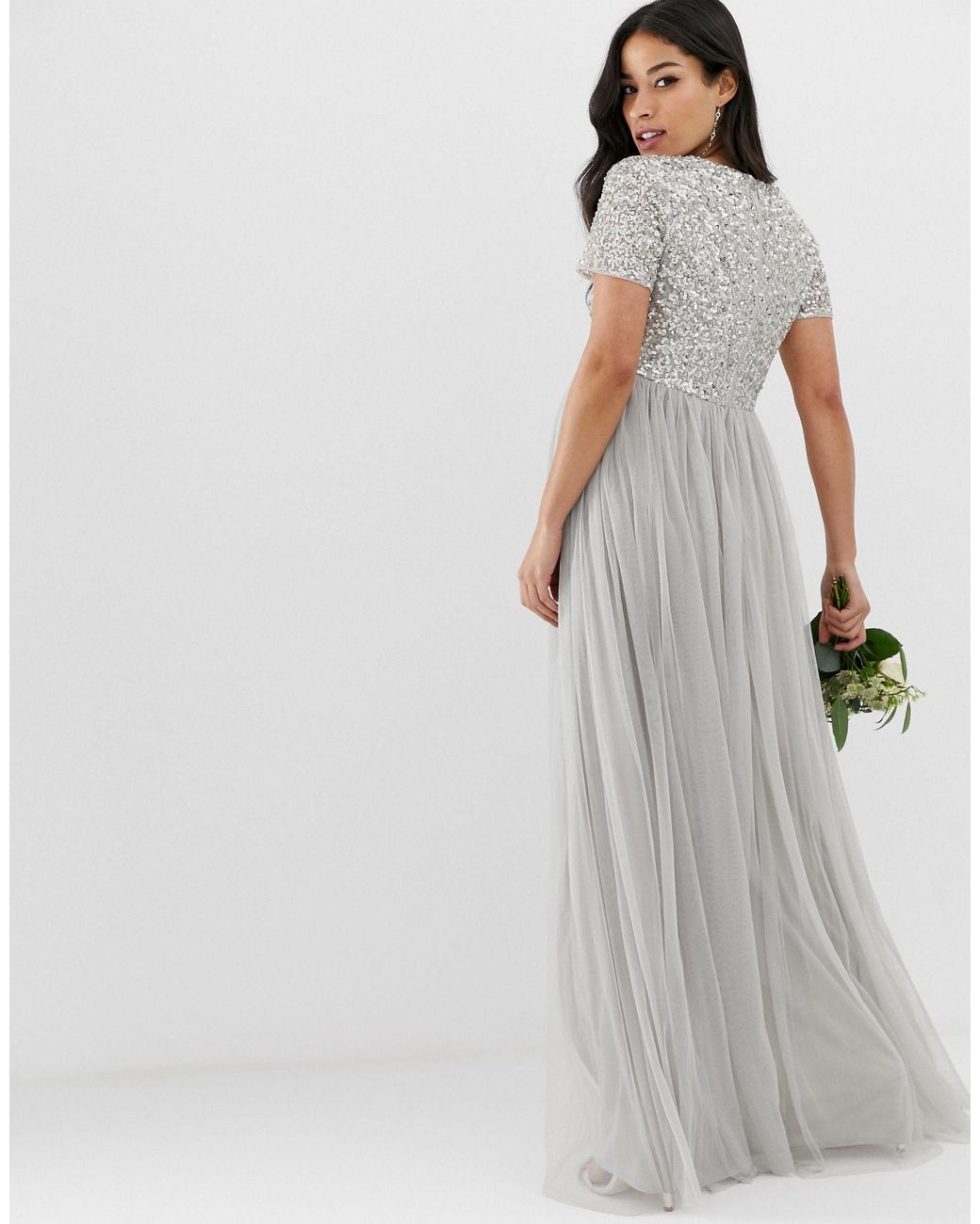 maternity v neck maxi tulle dress with tonal delicate sequins