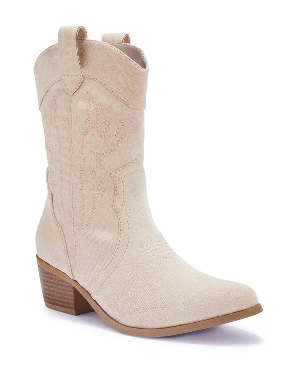 SEQWL Wide Fit Natural Western Cowboy Mid Calf Boots With Embroidered Detail
