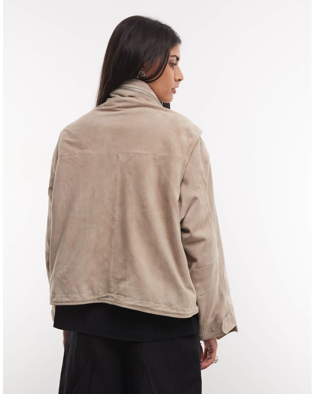 AllSaints Natural Clay Suede Leather Funnel Neck Jacket With Pocket Detailing