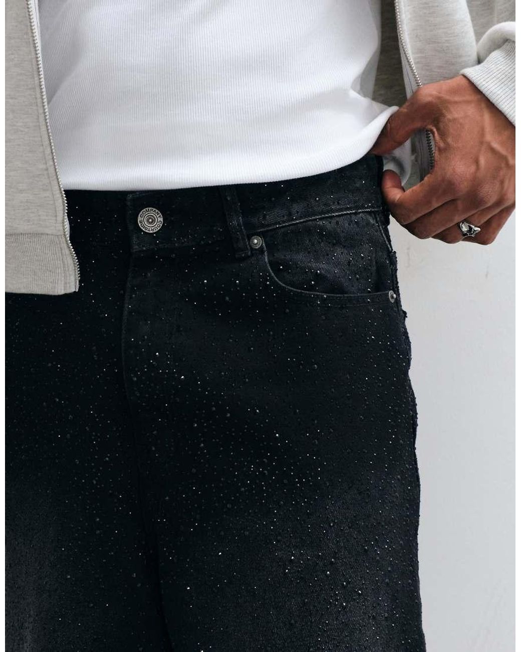 Courtside White Embellished Distressed Denim Jorts for men
