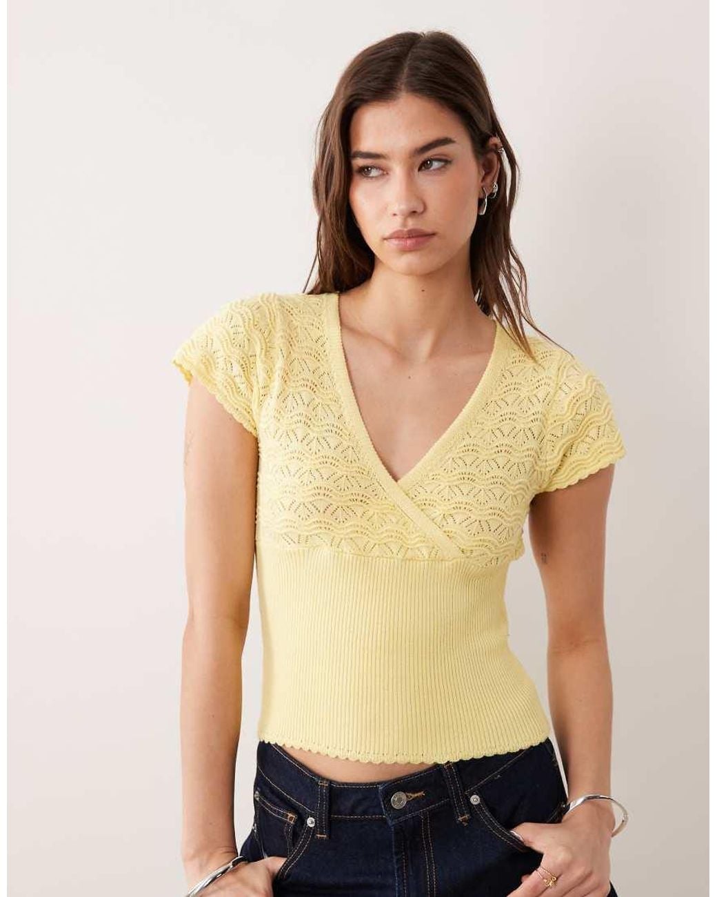 Miss Selfridge Yellow Mock Wrap Short Sleeve Knit Top