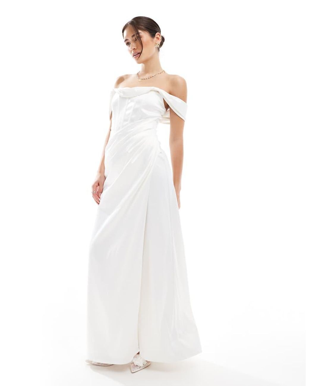 TFNC London White Drop Shoulder Satin Corset Maxi Dress