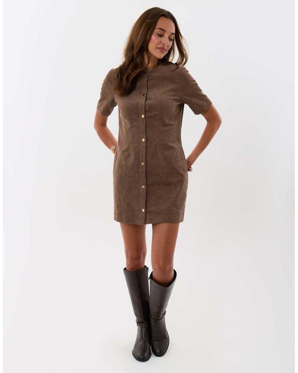 Threadbare Brown Corduroy Button Down Mini Dress