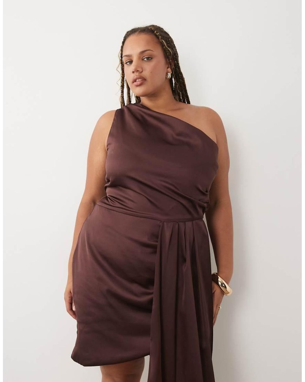 Tfnc Plus Red Satin One Shoulder Drape Detail Mini Dress