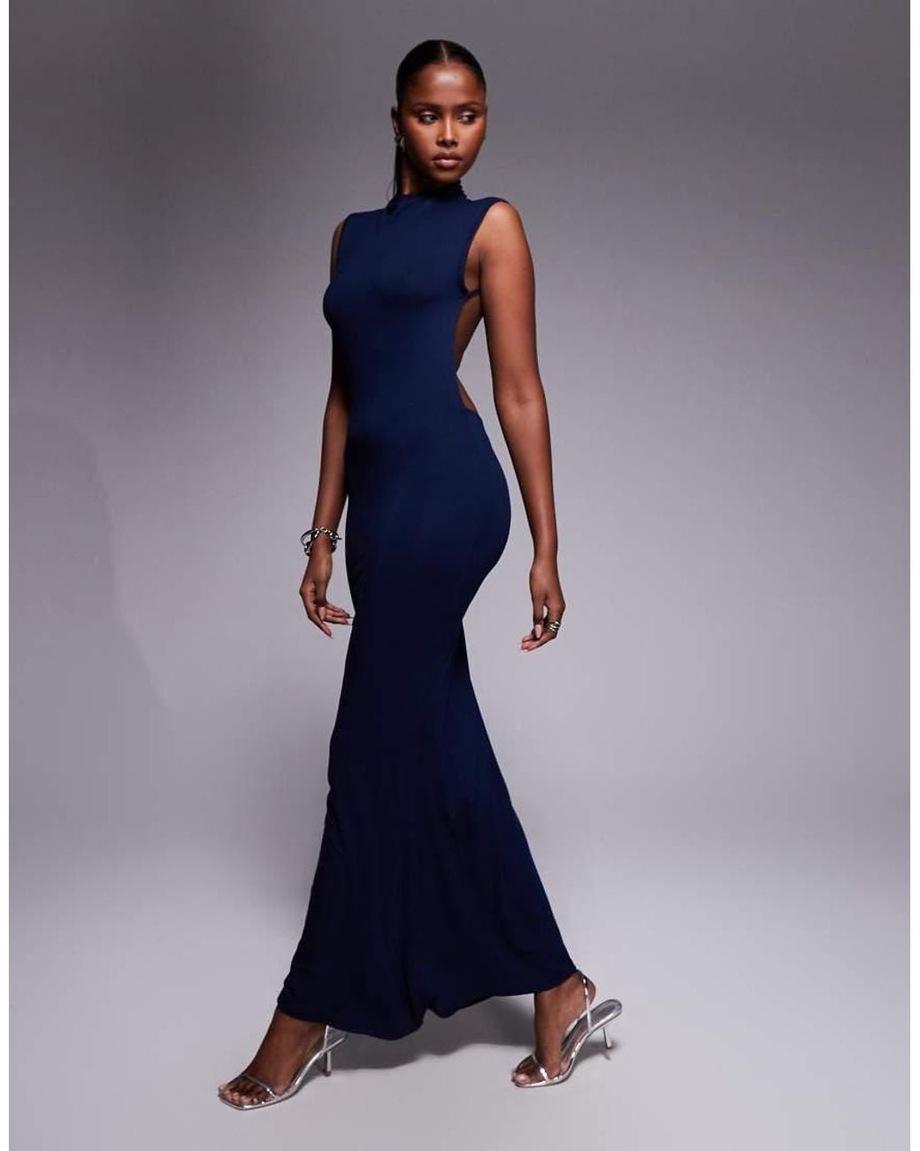 ASOS Blue High Neck Slash Shoulder Maxi Dress With Open Back