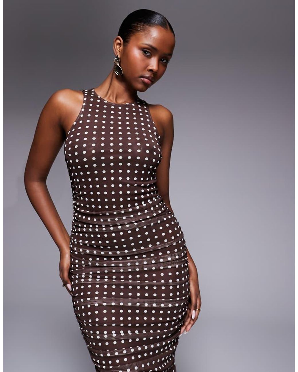 Ruched & Ready Brown Sculpting Mesh High Neck Sleeveless Draped Fishtail Hem Maxi Dress