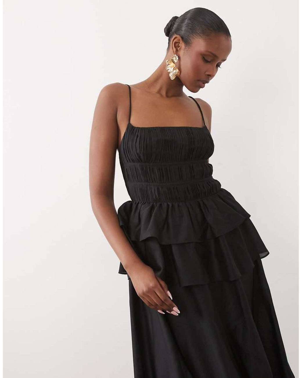 ASOS Black Pleated Bodice Maxi Dress With Tiered Waist