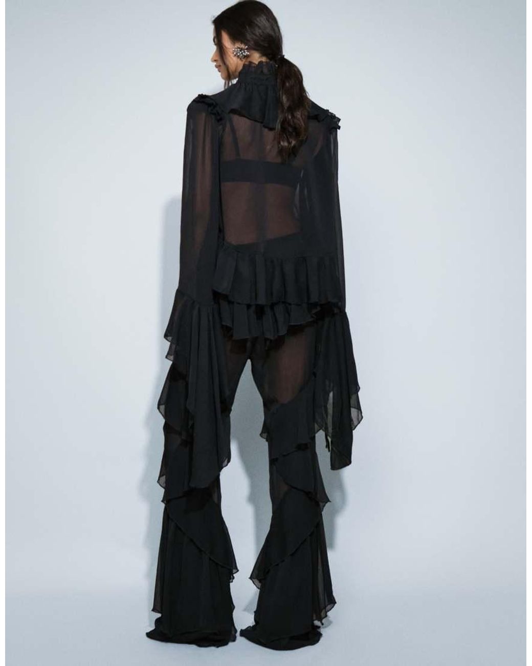 Noughts & Kisses Blue Chiffon Extreme Ruffle Tie Front Drape Sleeve Blouse Co-Ord