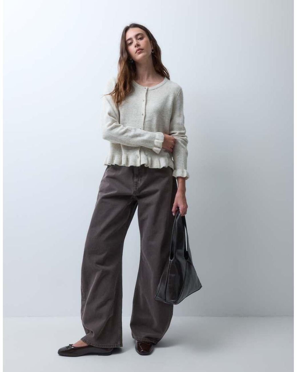 Pieces Gray Frill Cuff Button Detail Cardigan