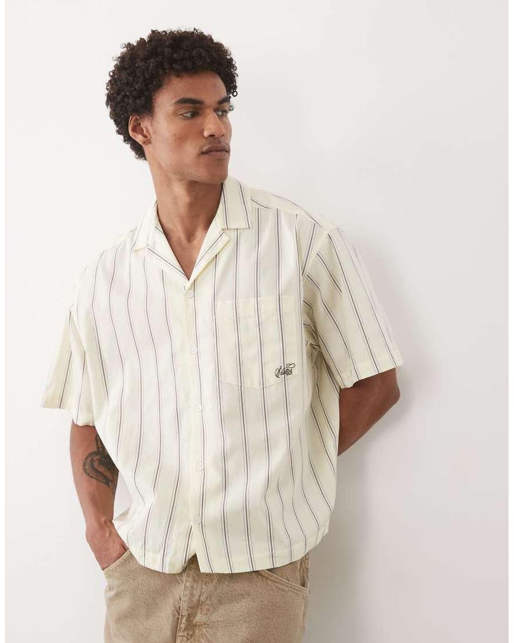 ASOS Natural Boxy Oversized Stripe Poplin Revere Shirt With Embroidery for men