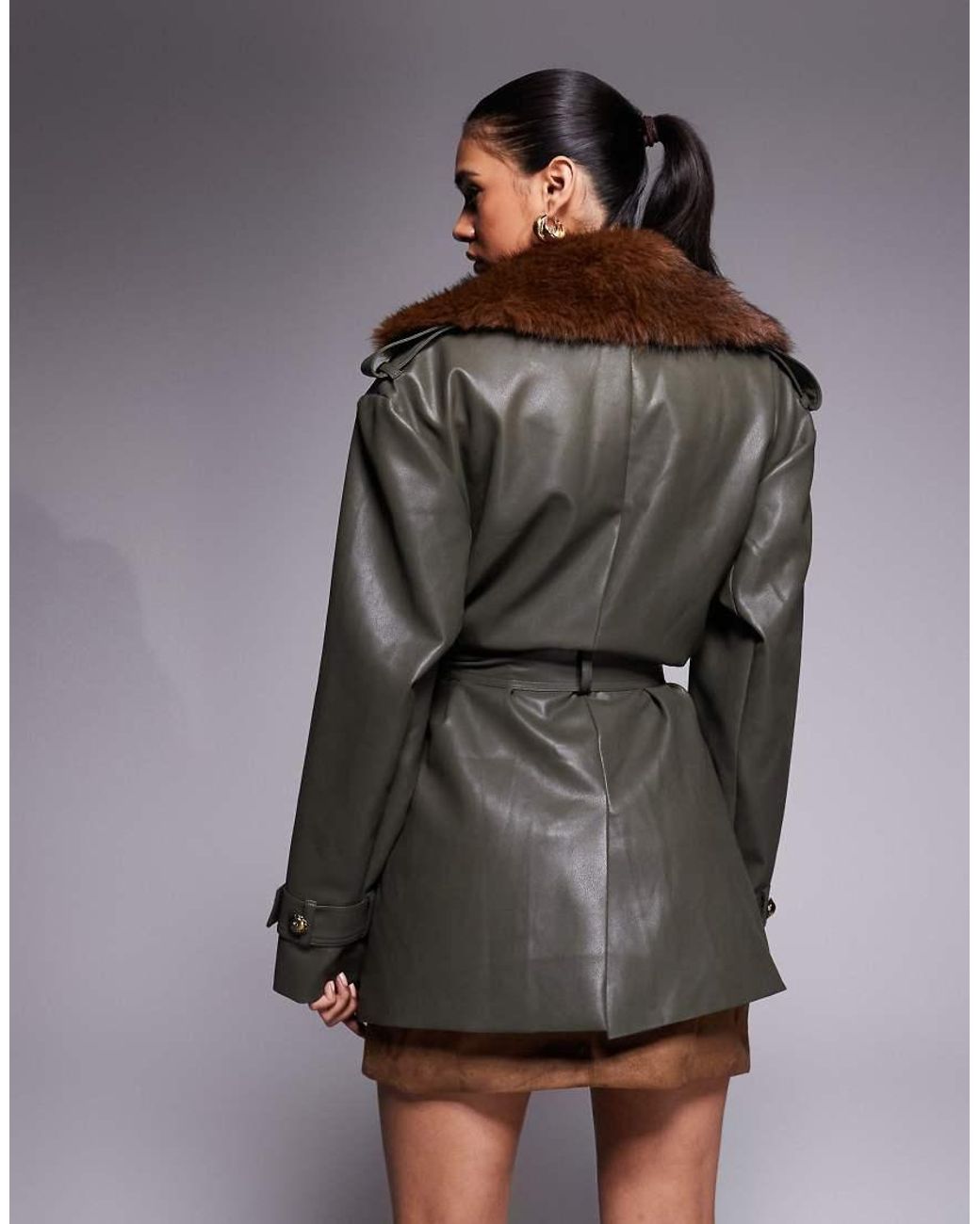 Bardot Gray Leather Look Faux Fur Collar Trench Coat