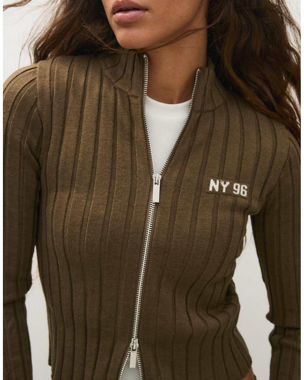 Bershka Green Ribbed Knit Zip-Up Cardigan