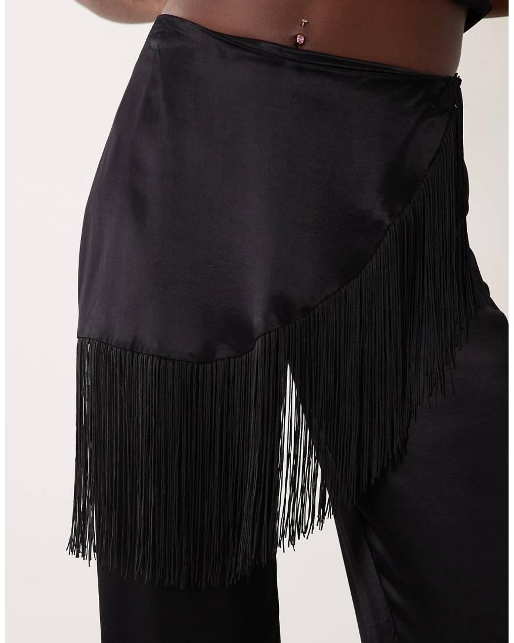 ASOS Black Satin Wide Leg Wrap Fringe Trouser