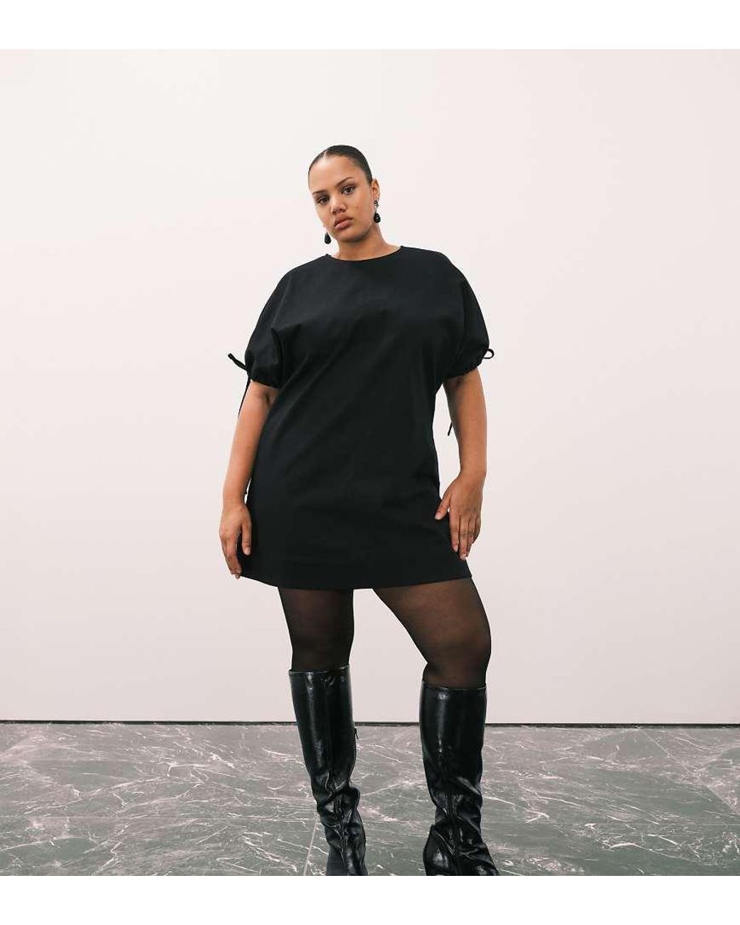 ASOS Black Asos Design Curve Crew Neck Mini Dress With Tie Sleeve Detail