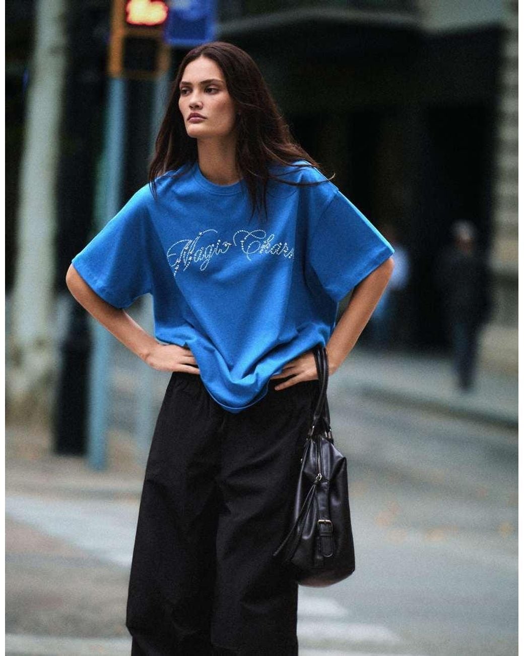 Bershka Blue Oversized Short Sleeve T-shirt With Rhinestones Text