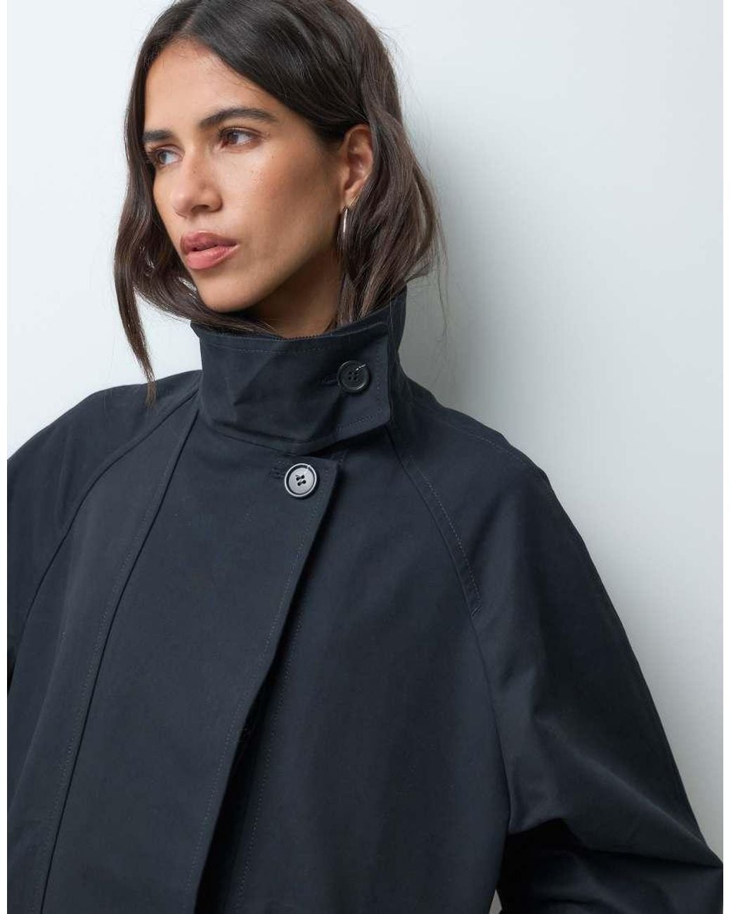 ARKET Blue Waxed Cotton Funnel Neck Trench Coat With Cord Inner Collar Detail