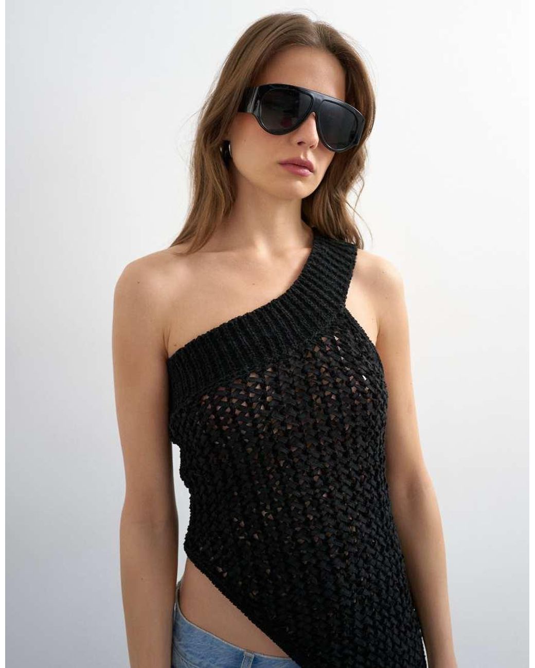 TOPSHOP Blue Knit One Shoulder Tassel Trim Top