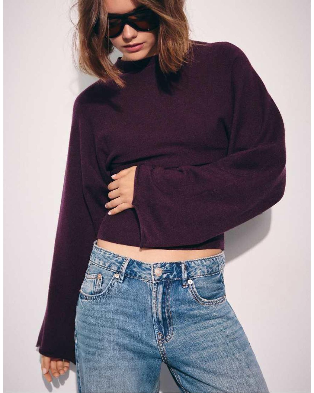 Stradivarius Blue Stand Collar Knit Jumper With Kimono Sleeves