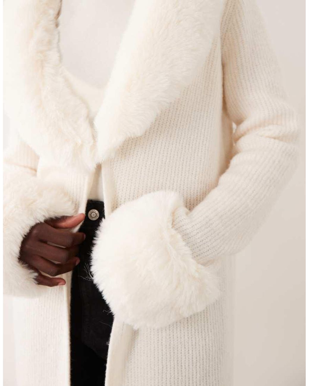 Miss Selfridge Natural Button Through Longline Cardigan With Fur Collar And Cuff