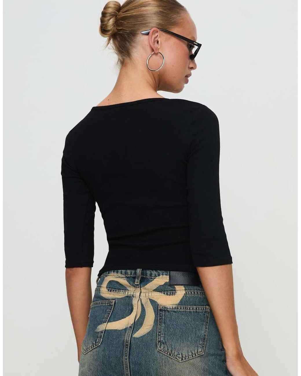 Princess Polly Black Elaia Cotton Rich Ribbed 3/4 Sleeve Top