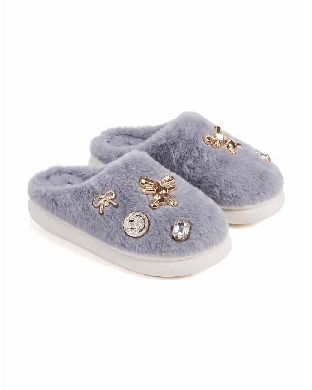 SEQWL Gray Fluffy Mule Slippers Warm Slip Ons With Charm Details