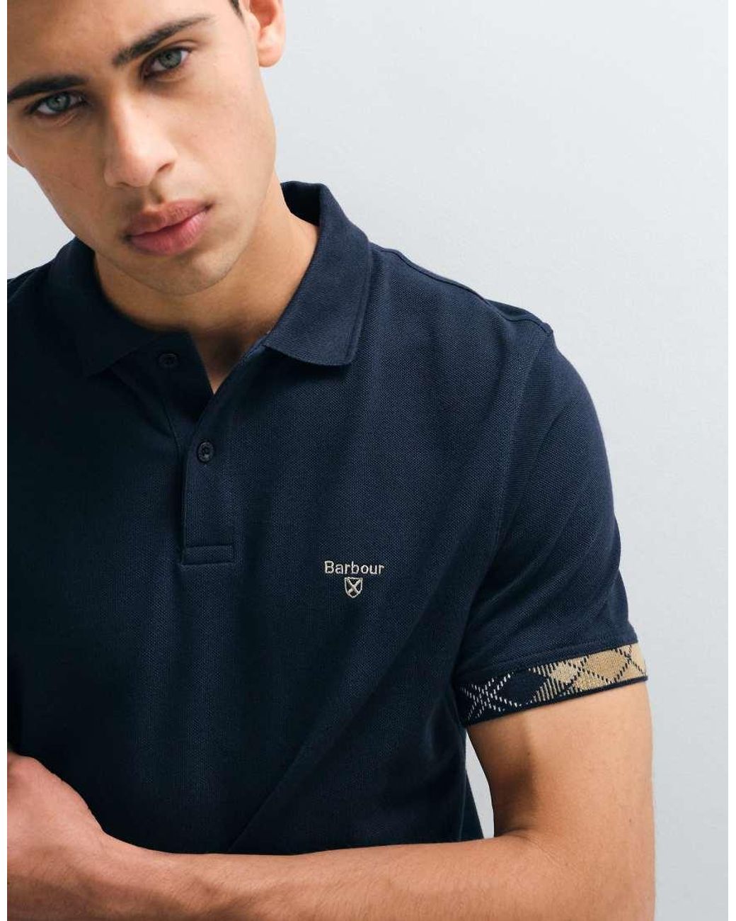 Barbour Blue Stanford Short Sleeve Tailored Logo Polo Shirt With Tartan Tipping for men