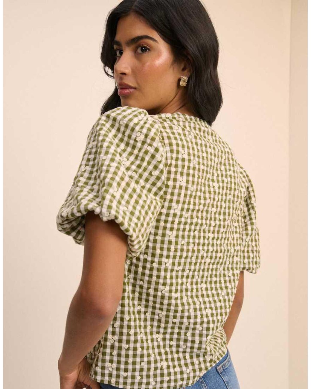 Nobody's Child Brown Gingham Cotton Embroidered Puff Sleeve Top