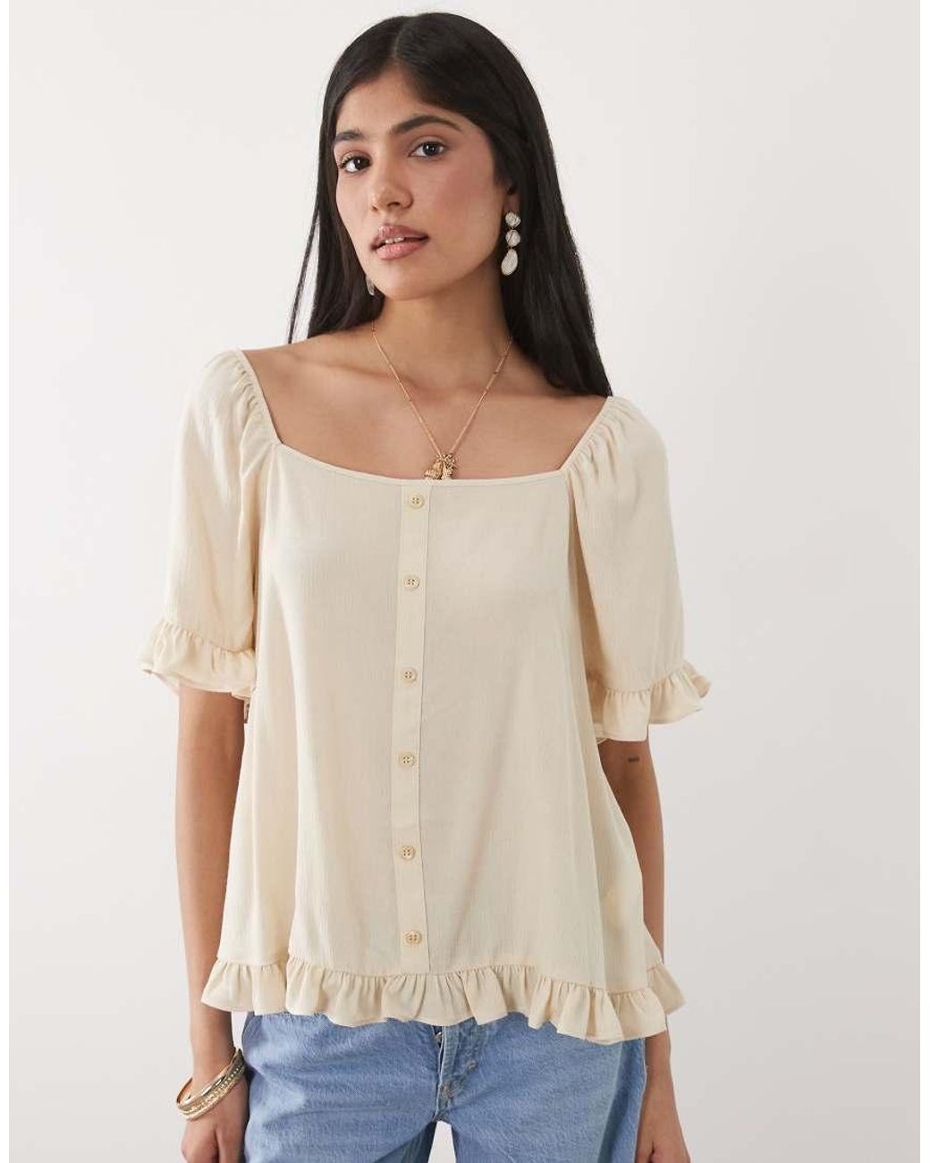 ASOS Natural Frill Detail Square Neck Smock Top