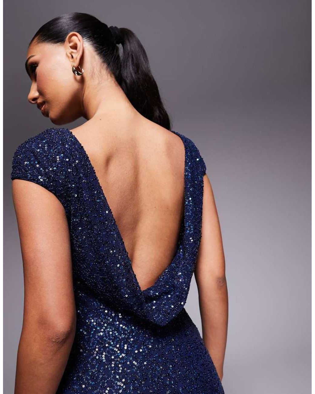 Goddiva Blue Cowl Back Sequin Maxi Dress