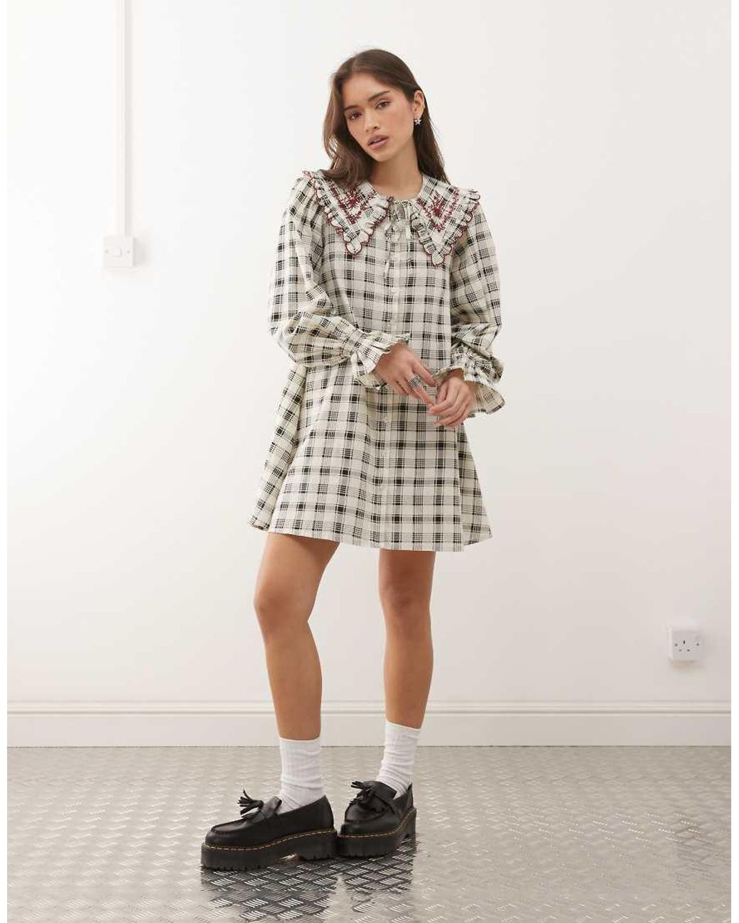 Reclaimed (vintage) Natural Mini Shirt Dress With Oversized Collar And Embroidery