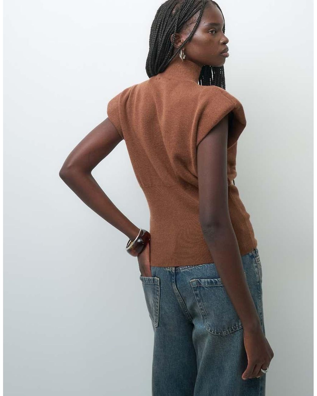 ASOS Red Knitted High Neck Top With Shoulder Pad Details