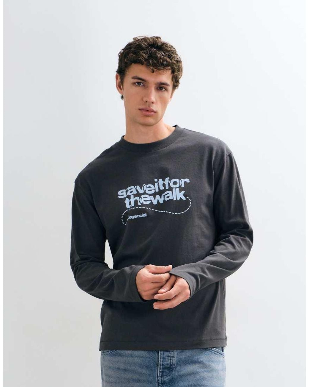 ASOS Gray Relaxed Long Sleeve T-shirt With Text Print for men