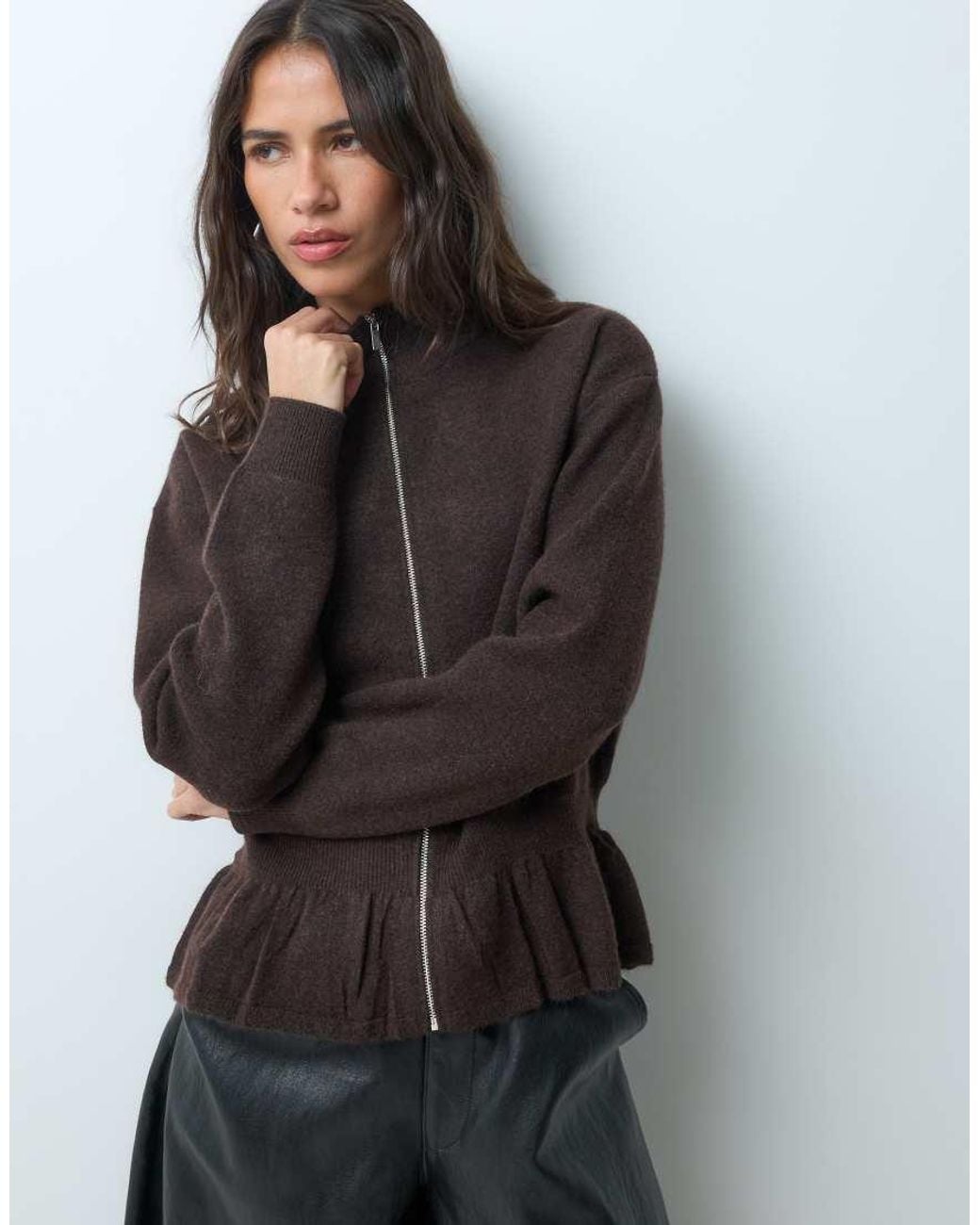 Mango Black Knitted Peplum Hem Zip Through Jacket
