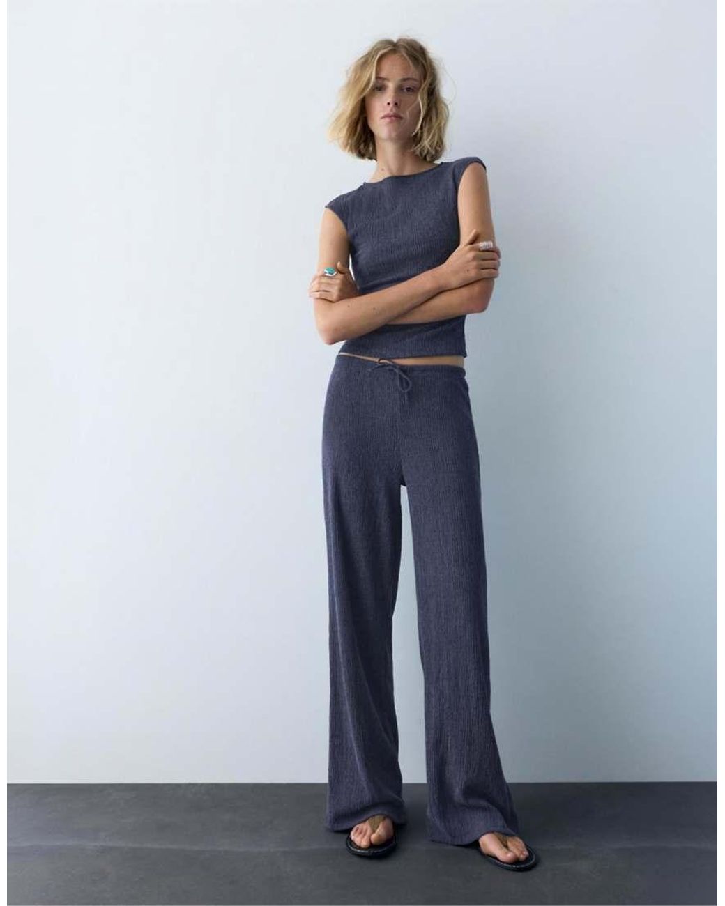Pull&Bear Blue Wide-leg Crepe Trousers
