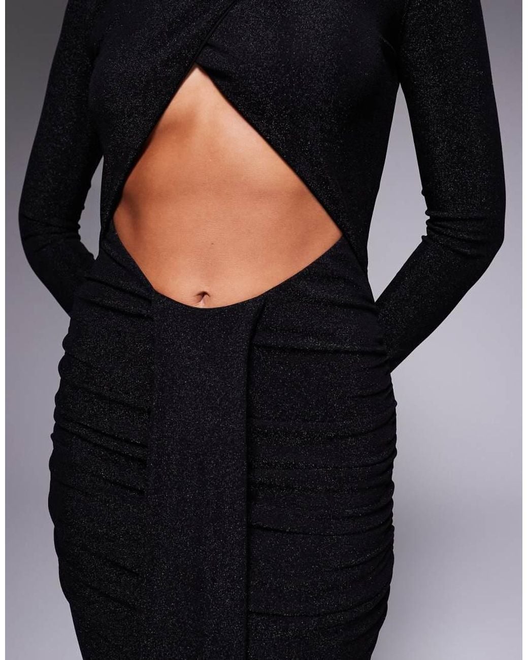 Murci Black Exclusive Slash Neck Crossover Front Cut Out Drape Detail Maxi Dress