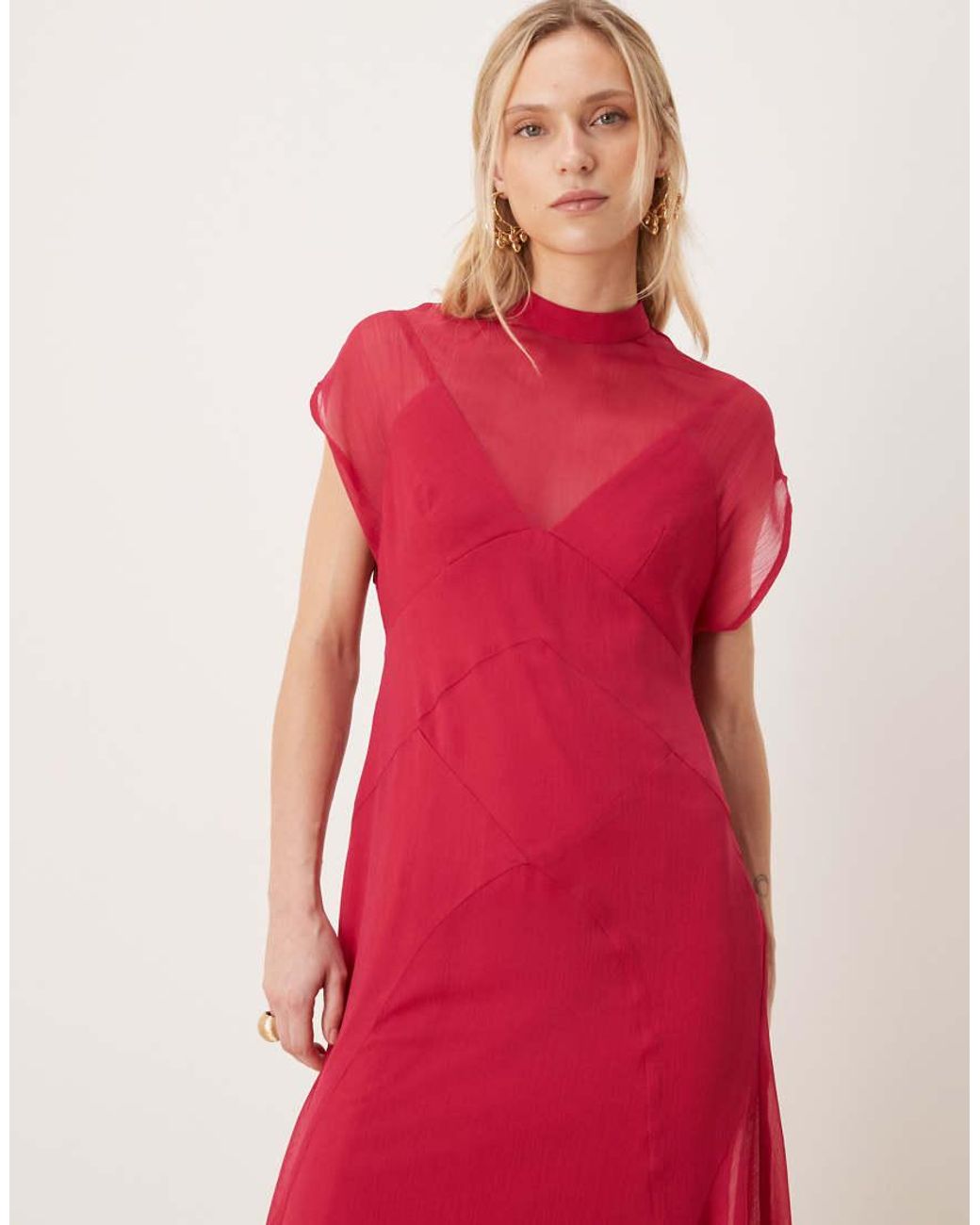 ASOS Red Asos Design Petite High Neck Hanky Hem Chiffon Maxi Dress