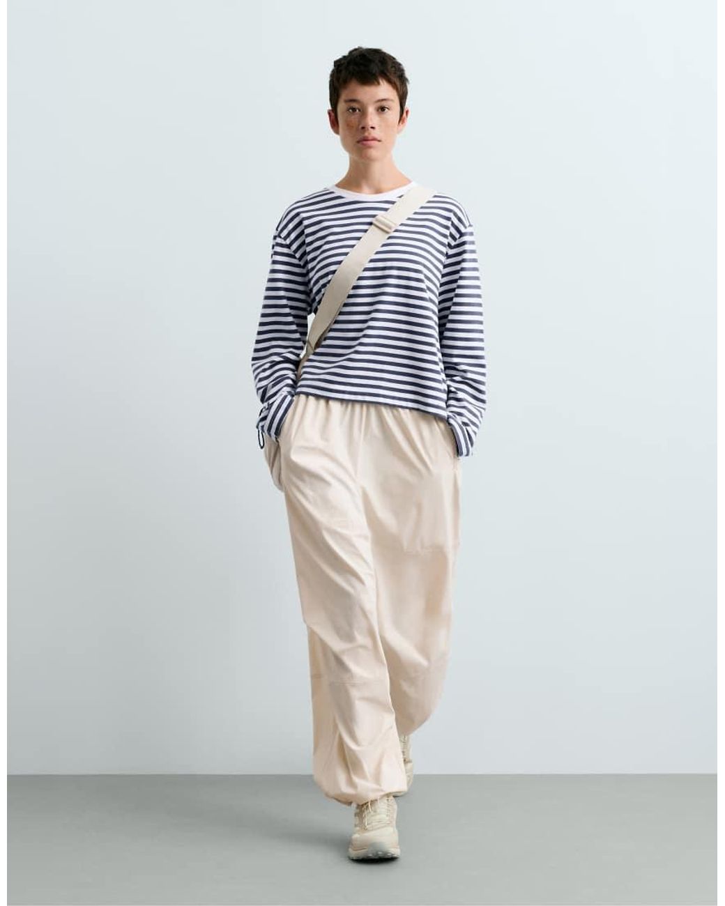 Oysho White Striped 100% Cotton Boxy Long-sleeved T-shirt