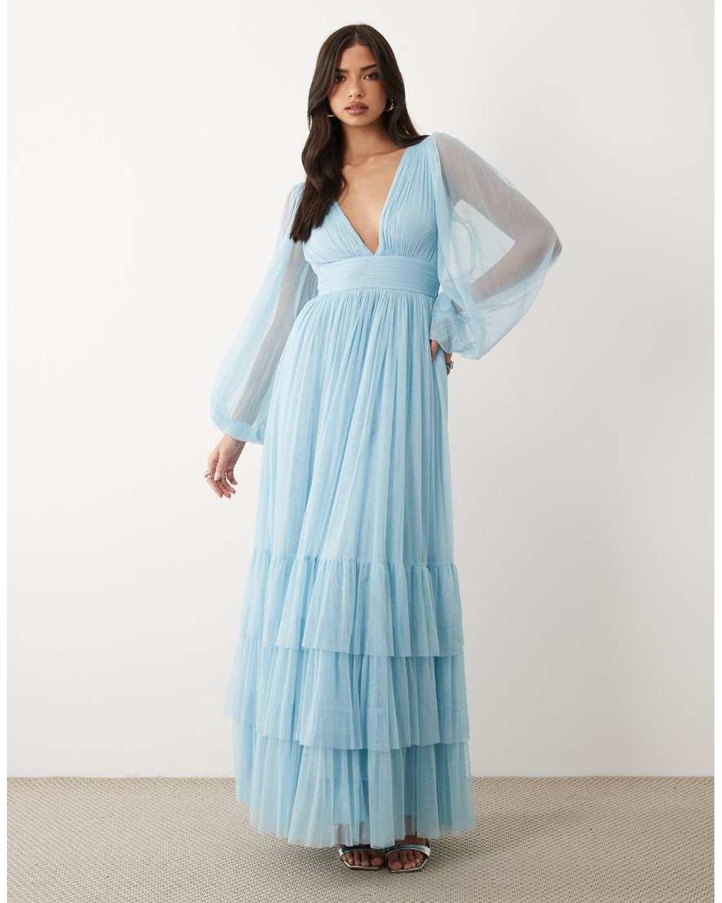 LACE & BEADS Blue Bridesmaid Madison Smocked Plunge Neck Sheer Sleeves Maxi Dress