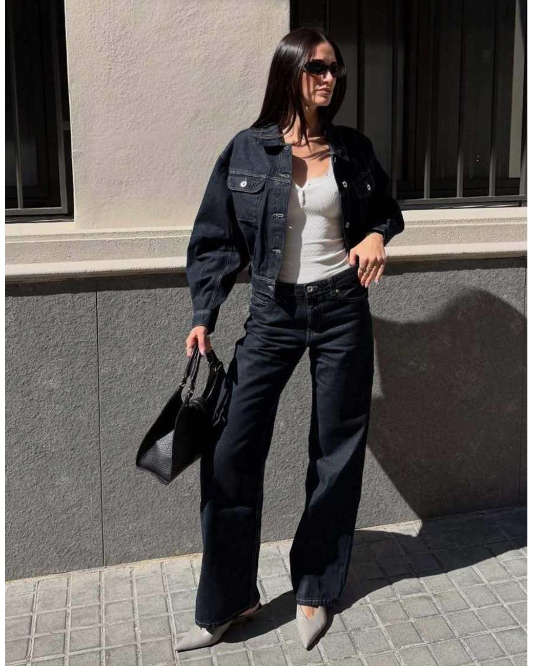 Bershka Blue Cropped Balloon Denim Jacket