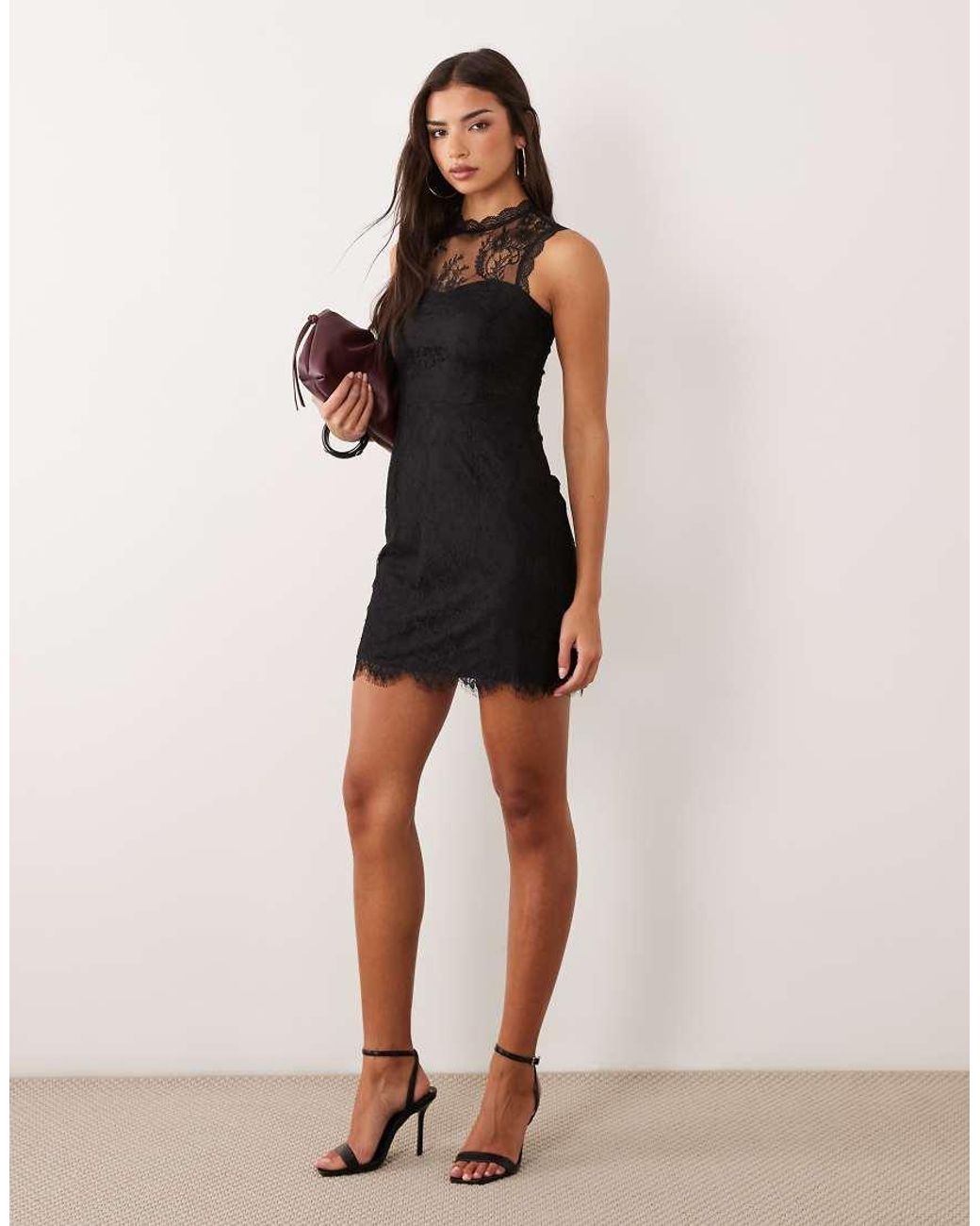 New Look Hoogsluitende Kanten Mini Jurk in het Black