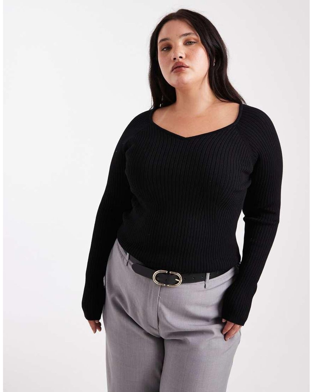 ASOS Black Asos Design Curve Knitted Structured V Neck Top