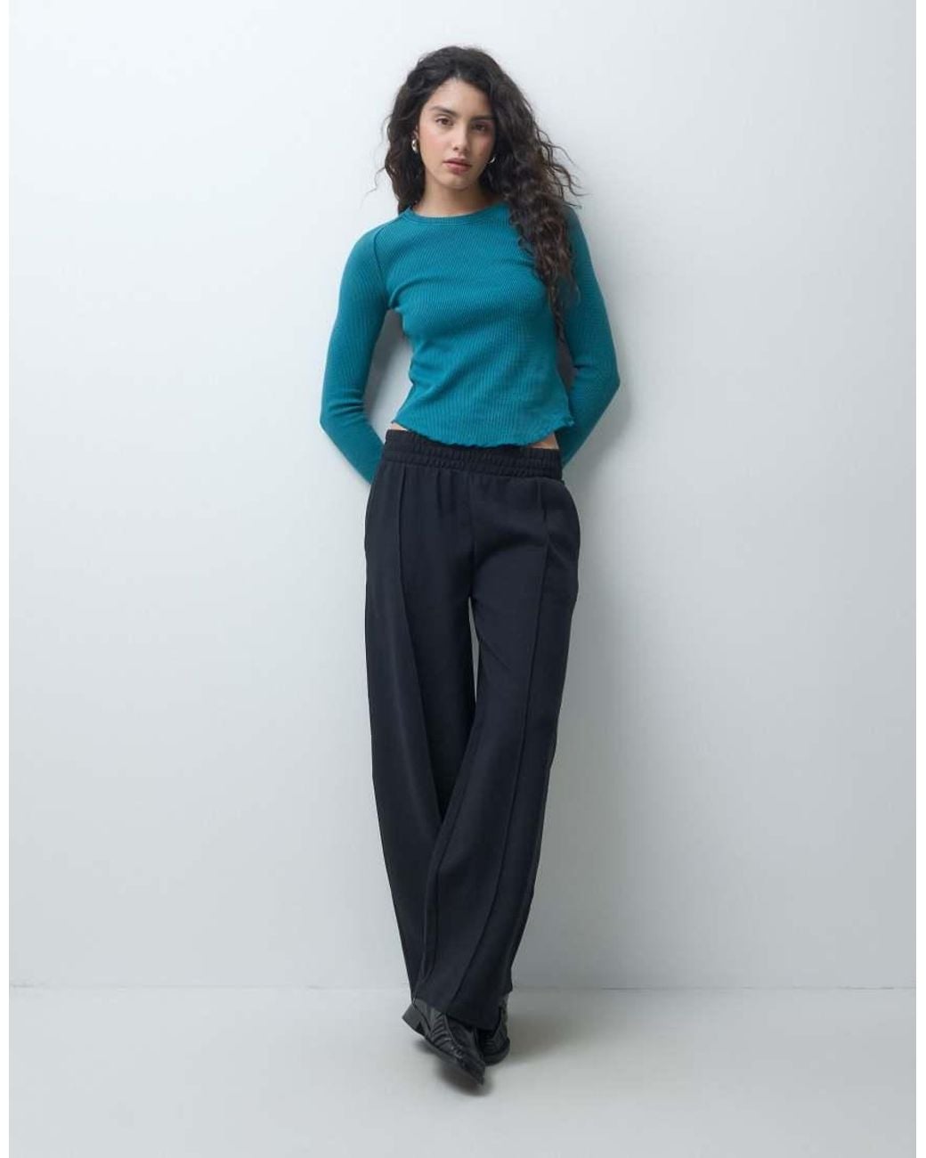 Free People Blue Easy Does It Lettuce Edge Top