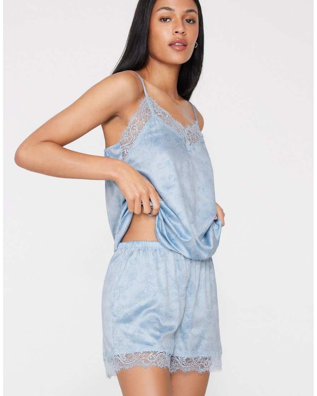Tezenis Blue Printed Satin And Lace Shorts