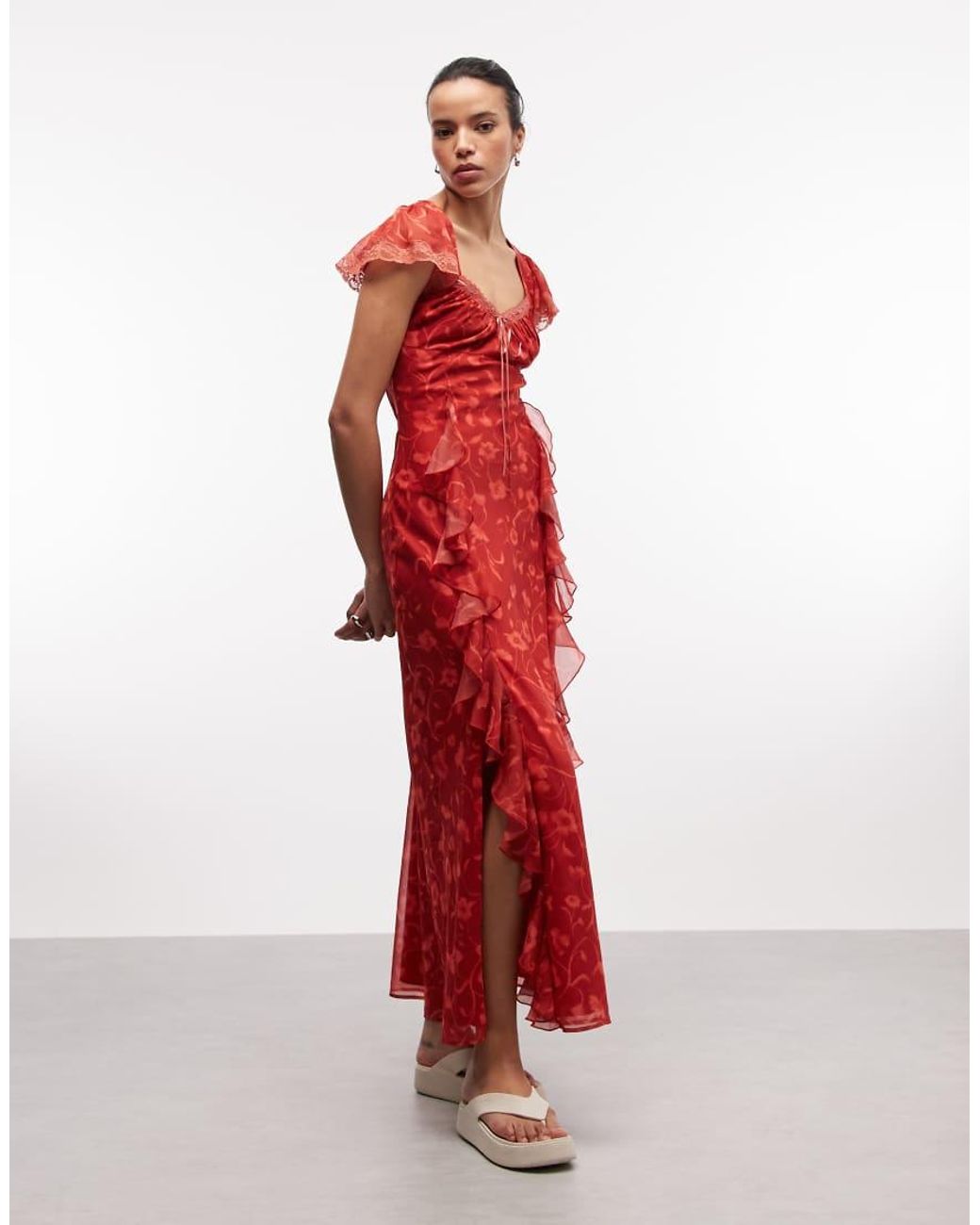 Reclaimed Vintage Red Maxi Dress With Godet Ruffles And Splits