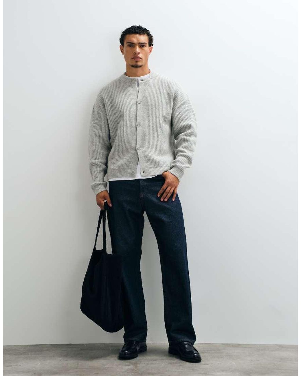 ASOS Gray Oversized Knitted Wool Blend Rib Crew Neck Cardigan for men