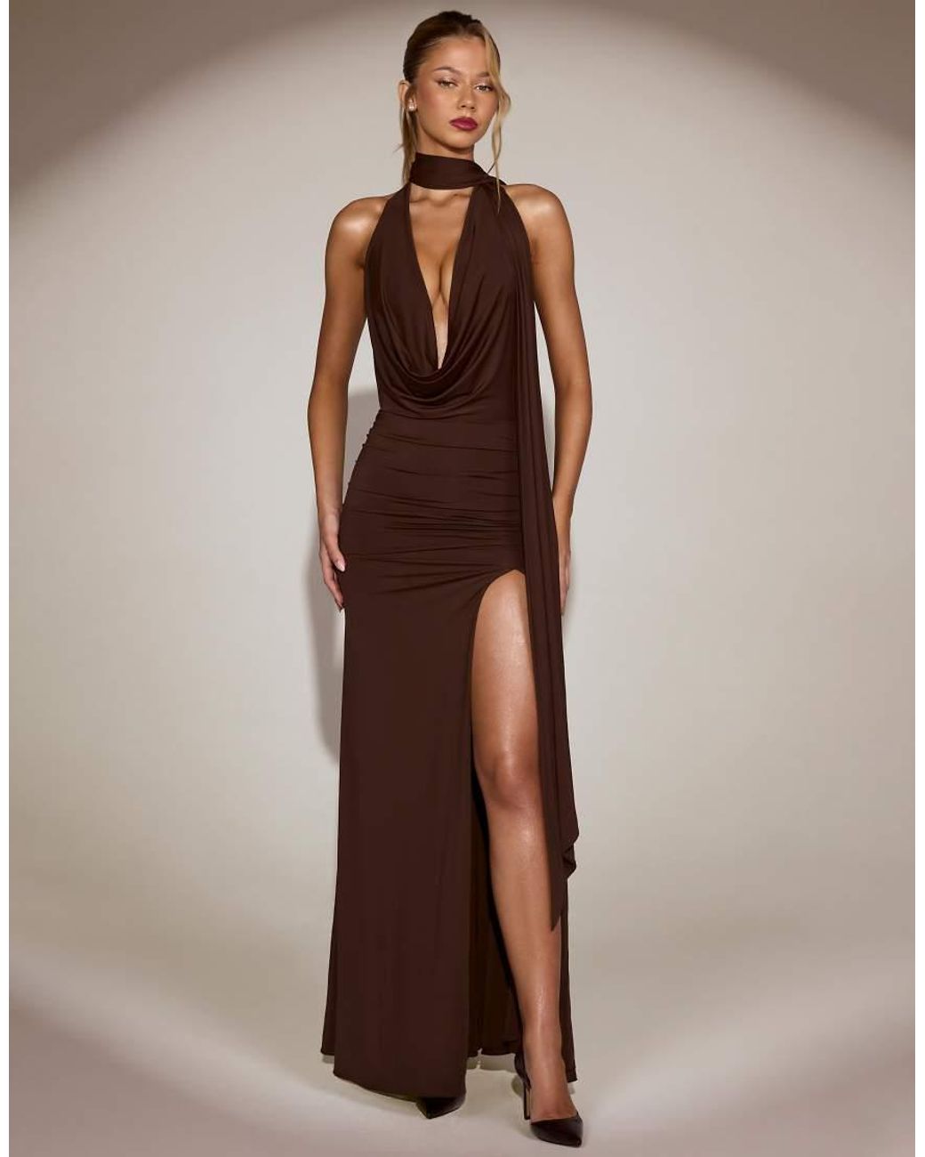 Oh Polly Brown Scarf Neck Cowl Front Open Back Maxi Dress