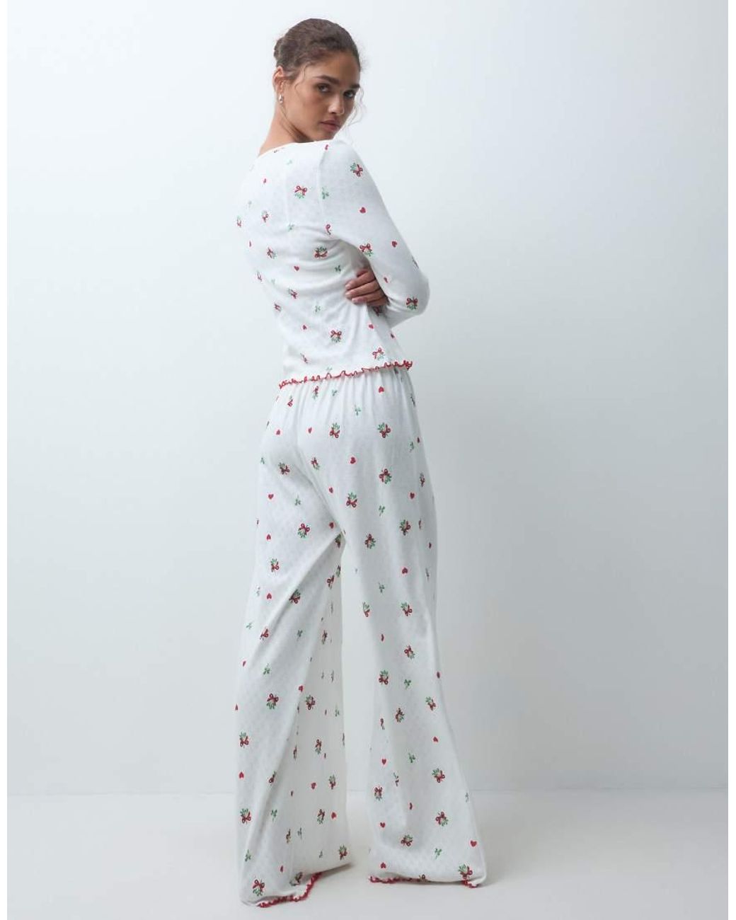 ASOS Gray Mistletoe Print Pointelle Long Sleeve Top & Wide Leg Trouser Pyjama Set